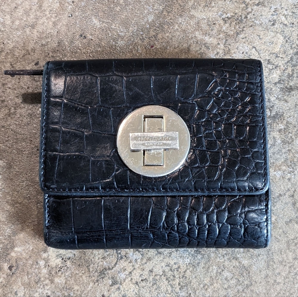 Kate Spade Croc Embossed Leather Turn Lock Wallet Black